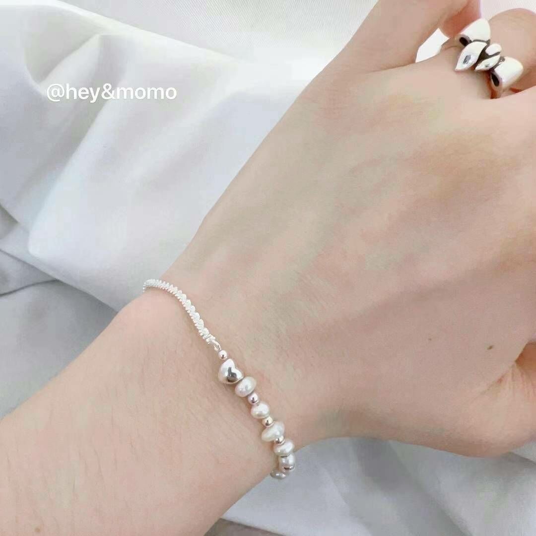 HM2429  ⚪️925銀 義大利亮銀➕淡水珍珠 銀球 愛心手鍊