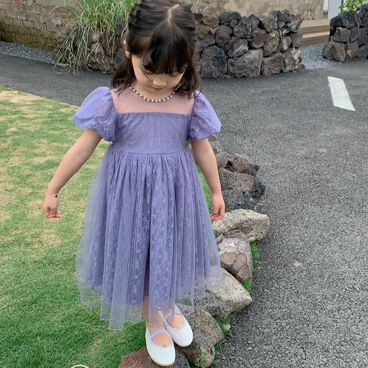 蕾絲拼接紗裙蓬袖洋裝 紫色 90-150cm #0428