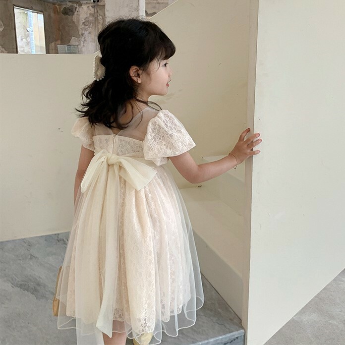 蕾絲拼接紗裙蓬袖洋裝 紫色 90-150cm #0428