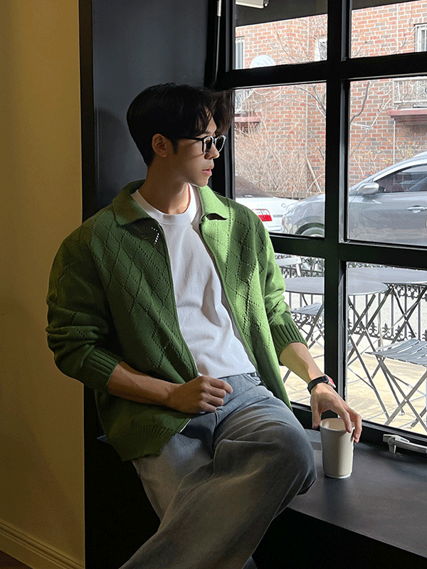 鑽石鏤空針織拉鍊外套