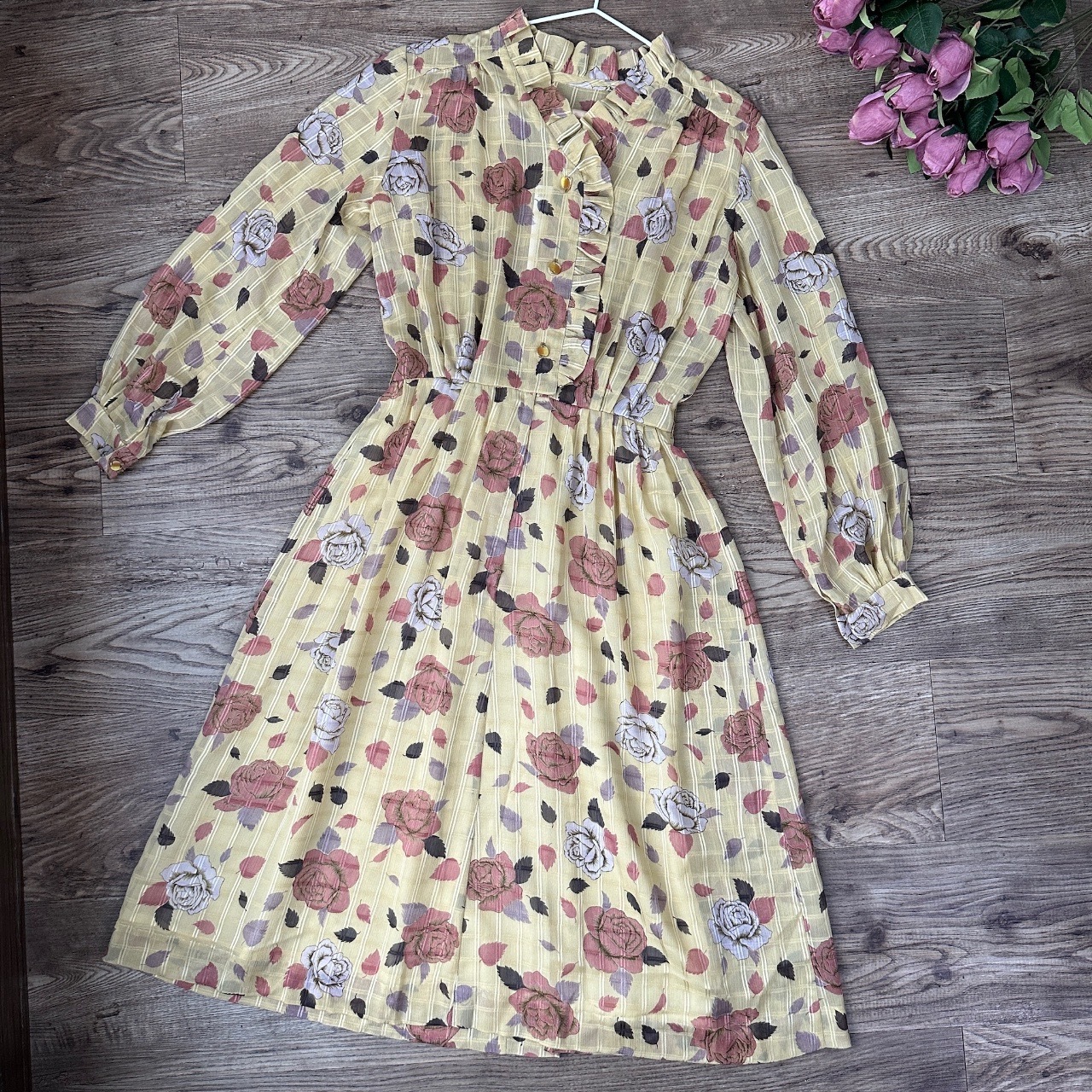 米黃色玫瑰花雪紡質連身裙