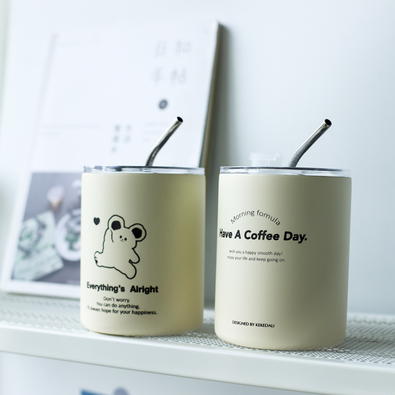 《3906》韓式奶油小熊不鏽鋼吸管杯450ML