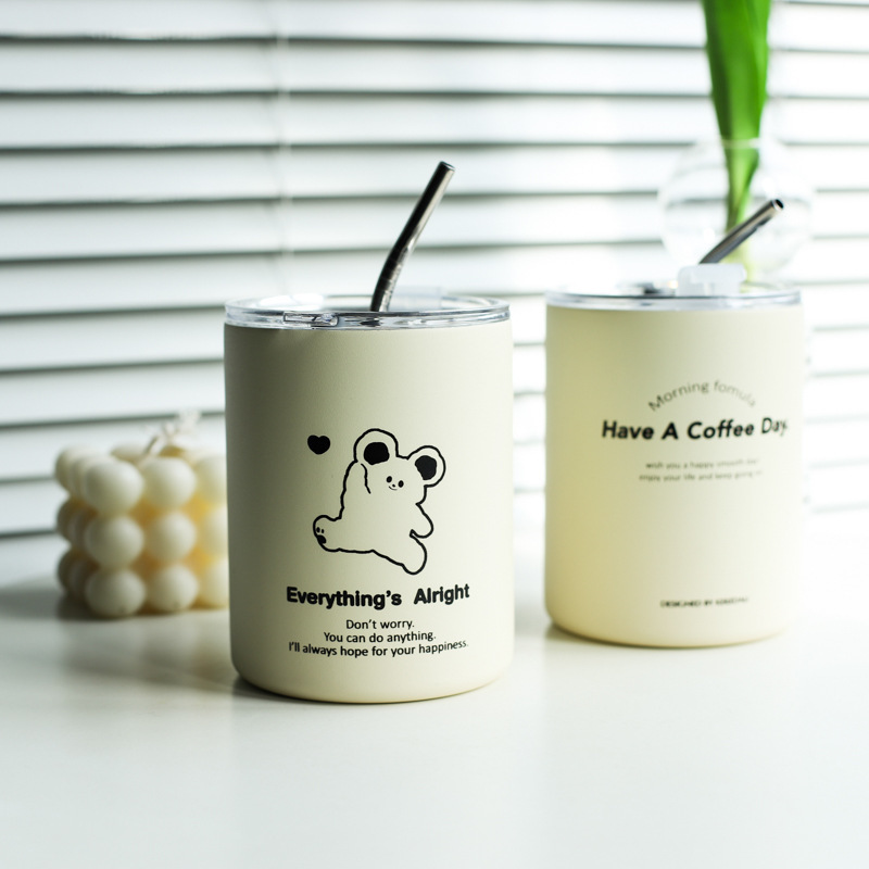 《3906》韓式奶油小熊不鏽鋼吸管杯450ML