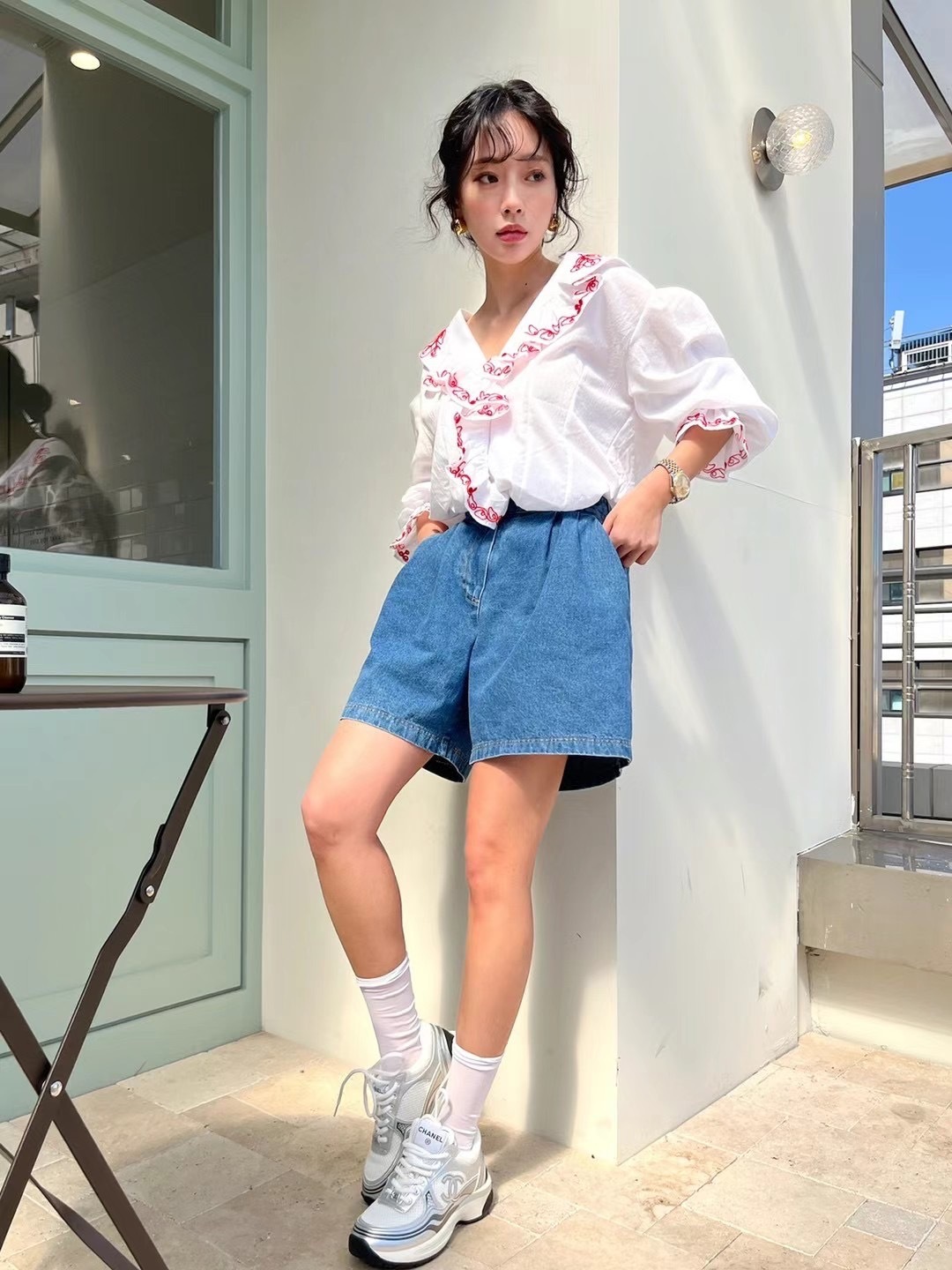 高腰寬管五分牛仔短褲