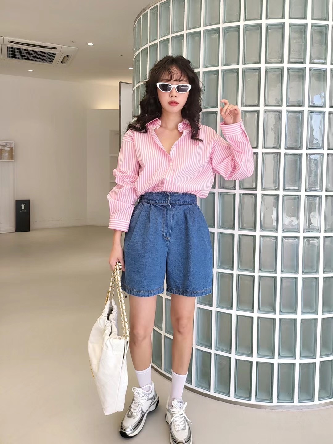 高腰寬管五分牛仔短褲