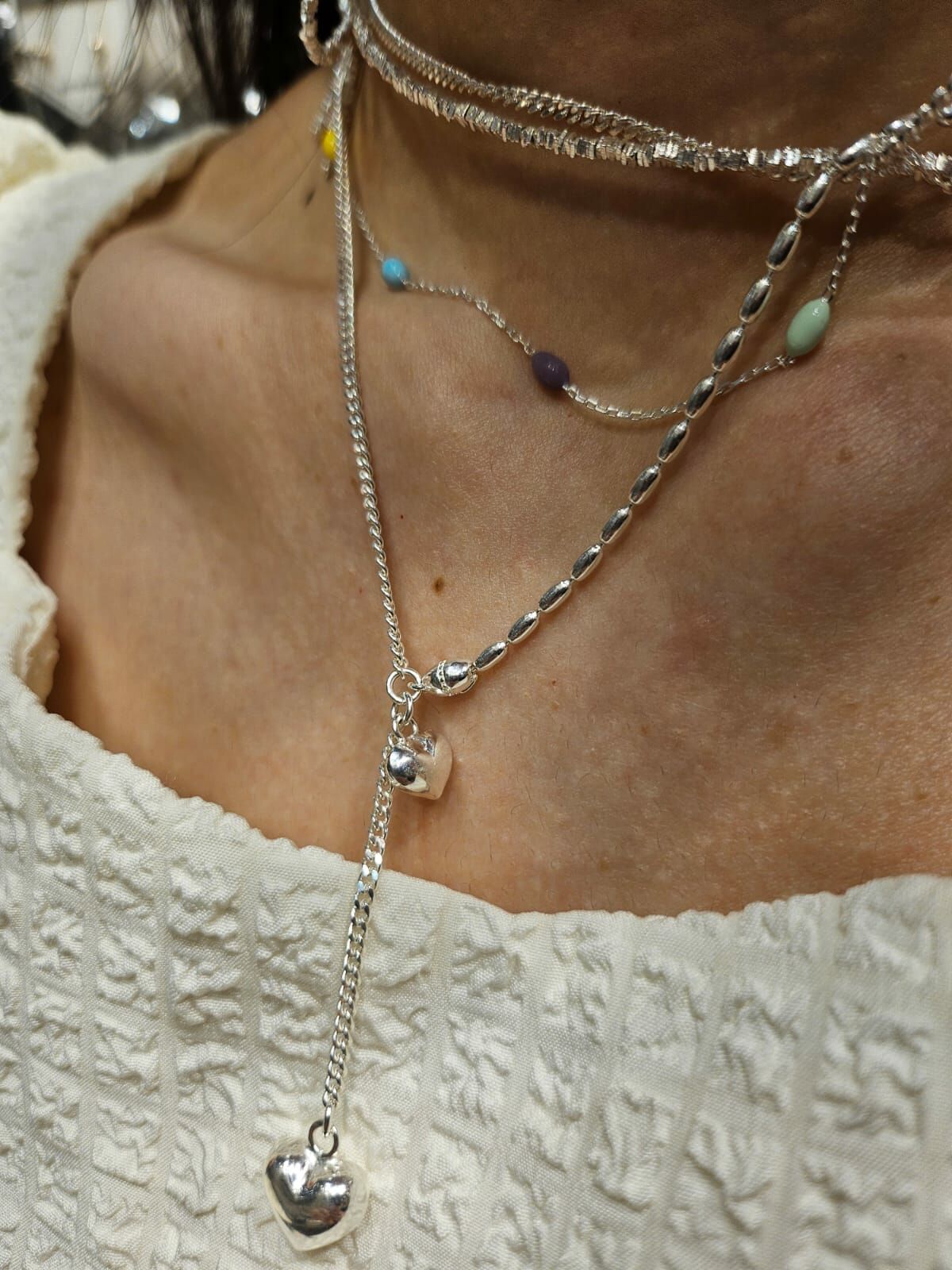 HM2454 雙愛心單邊銀珠頸鏈