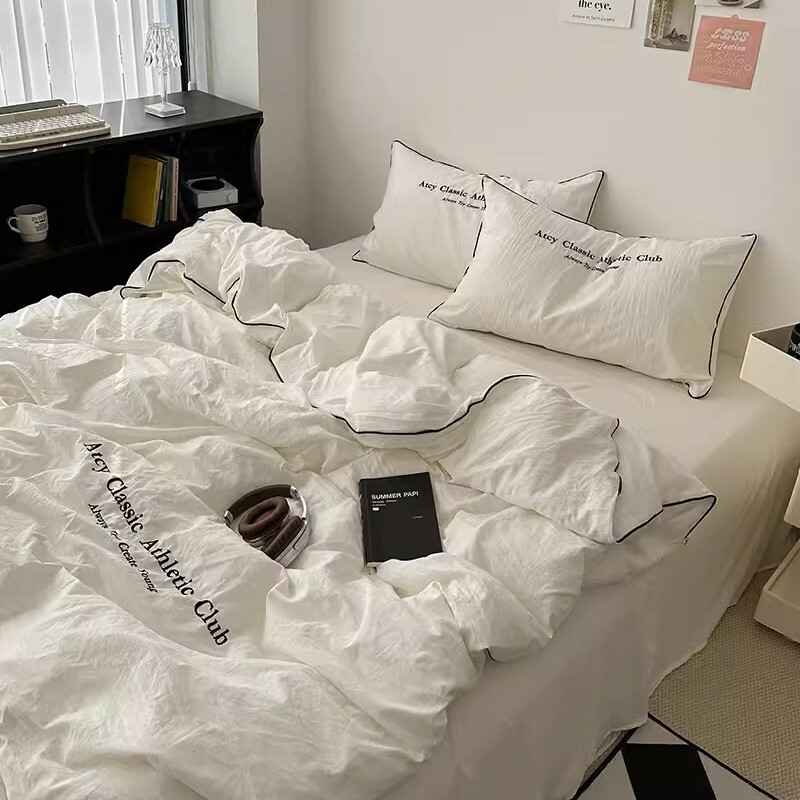 《3913》INS純色水洗棉刺繡四件套床組