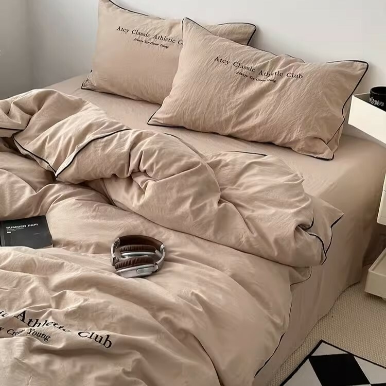 《3913》INS純色水洗棉刺繡四件套床組