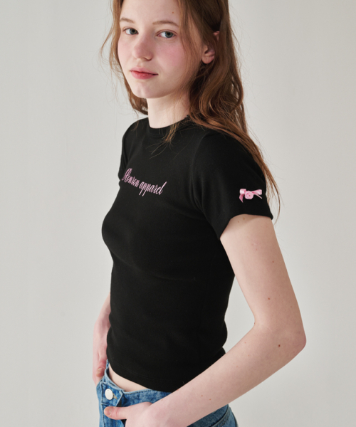 ◆RONRON◆ ROSE RIBBON POINT SLIM CROP T SHIRT MELANGE GREY RONRON] ROSE RIBBON POINT SLIM CROP T SHIRT (3 COLOR)