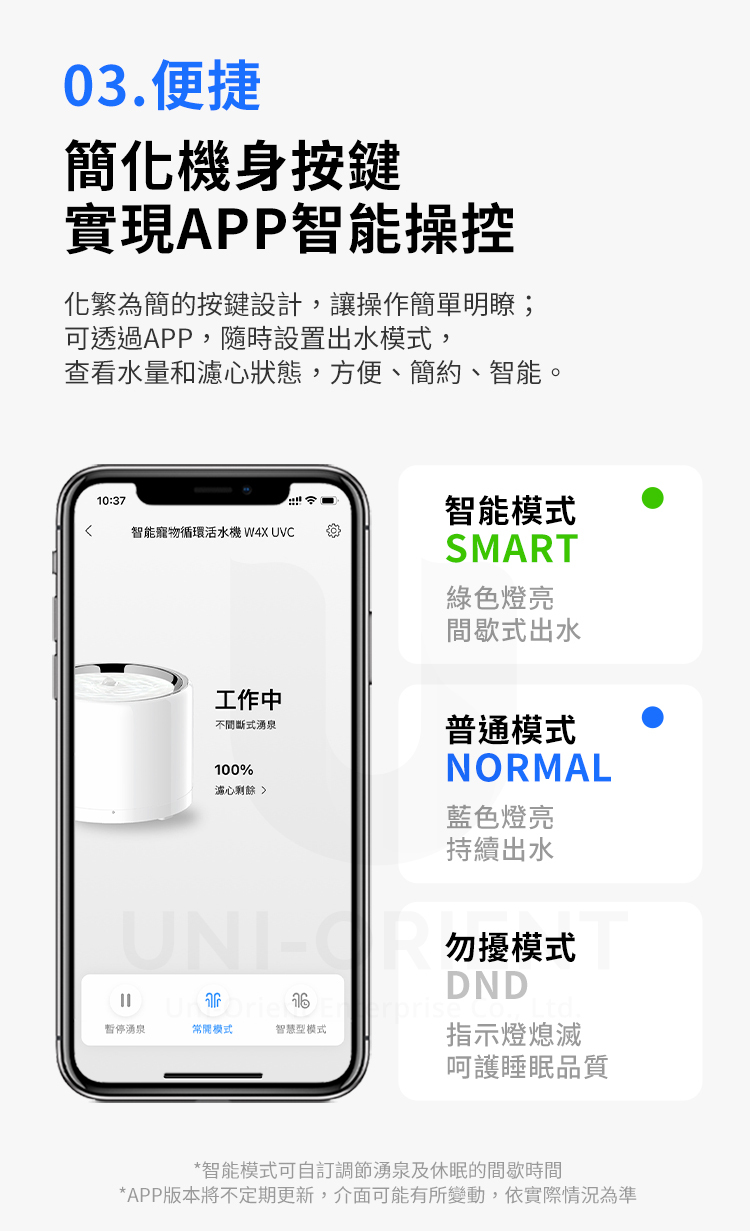 03.便捷簡化機身按鍵實現APP智能操控化繁為簡的按鍵設計,讓操作簡單明瞭;可透過APP,隨時設置出水模式,查看水量和濾心狀態,方便、簡約、智能。10:37智能寵物循環活水機 W4X UVC工作中不間斷式湧泉100%濾心餘alt=