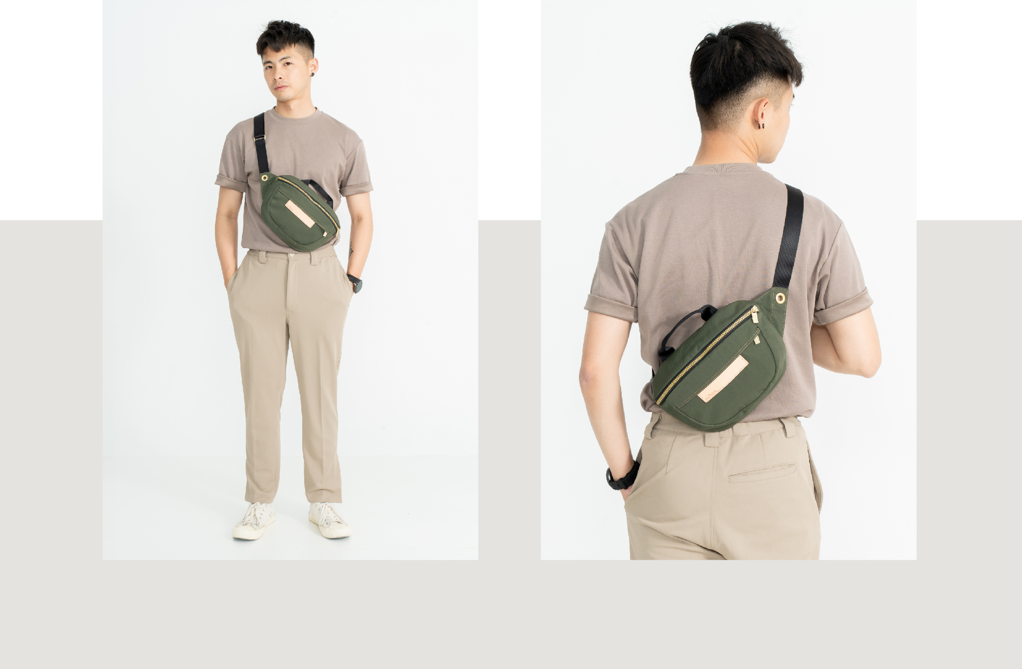 satana Soldier 趣遊走走斜背胸包 軍綠色 SOS3080-324 男生兩用形象照