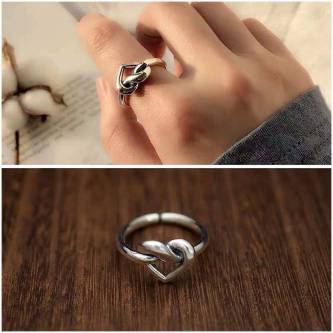 鍍銀可調式扭結心型戒指 - 銀色