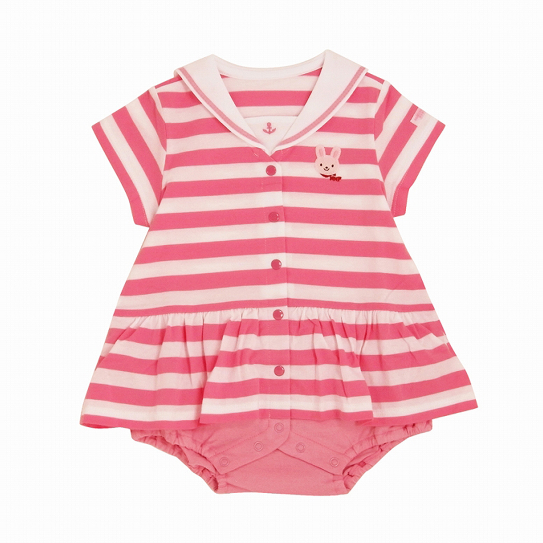 條紋海軍領短袖連身衣-粉