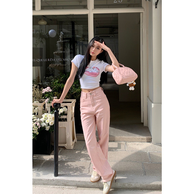 少女心噴發春天嫩粉直筒牛仔褲-一色