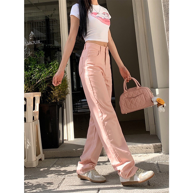 少女心噴發春天嫩粉直筒牛仔褲-一色