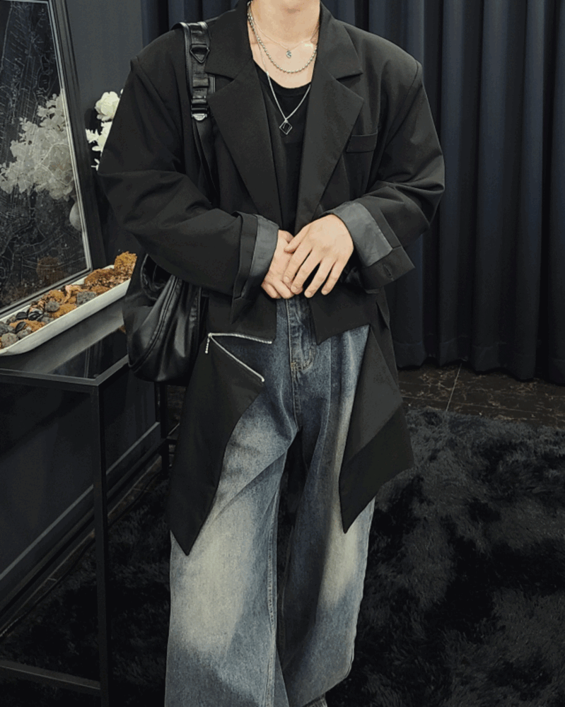 不對稱裁剪外側拉鍊西裝外套