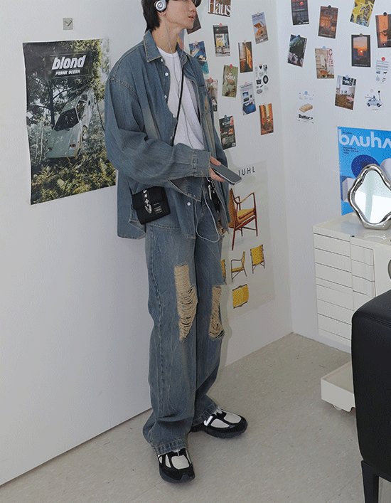 煙色損壞水洗牛仔褲