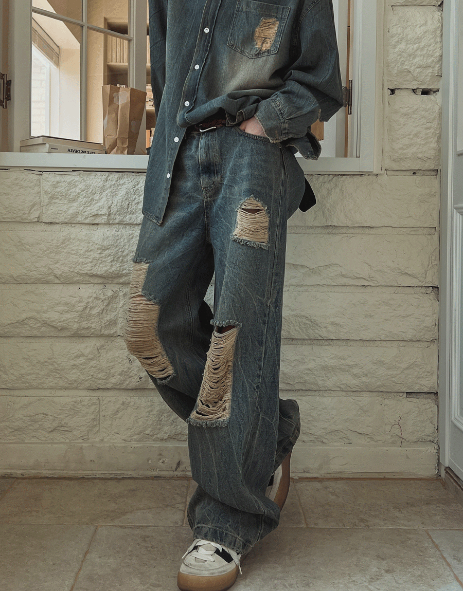 煙色損壞水洗牛仔褲