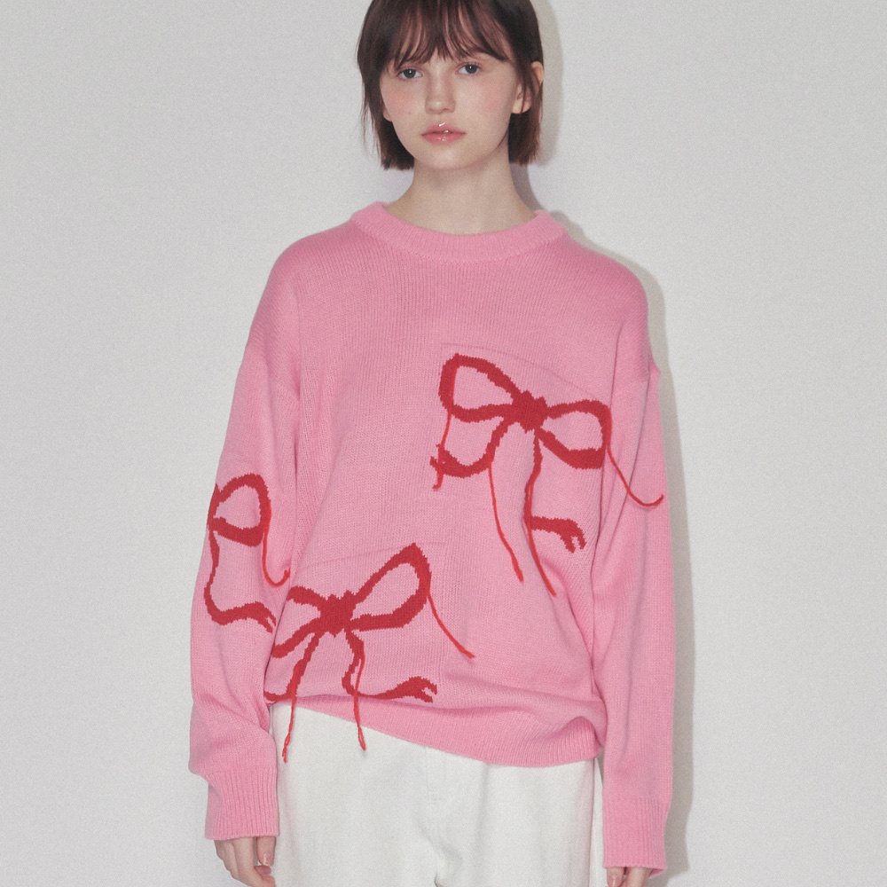 (現貨) [wonyoung同款] RONRON - VINTAGE HEART RIBBON KNIT (PINK)