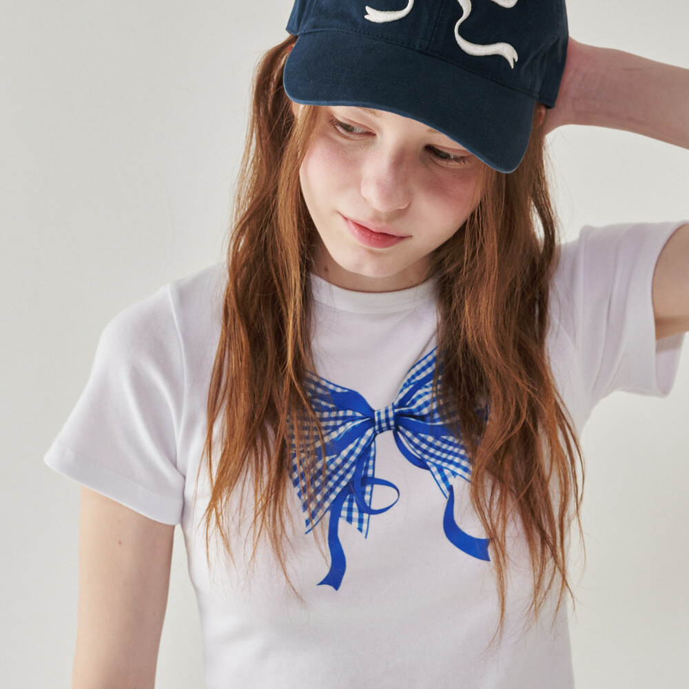 RONRON - GINGHAM DOUBLE RIBBON SLIM CROP T SHIRT (WHITE BLUE)