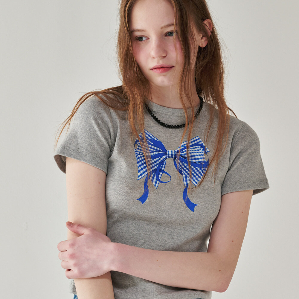 RONRON - GINGHAM DOUBLE RIBBON SLIM CROP T SHIRT (GREY BLUE)