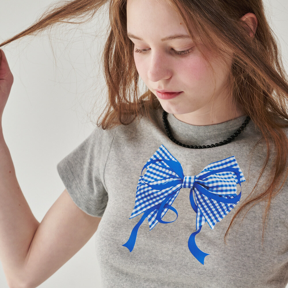 RONRON - GINGHAM DOUBLE RIBBON SLIM CROP T SHIRT (GREY BLUE)