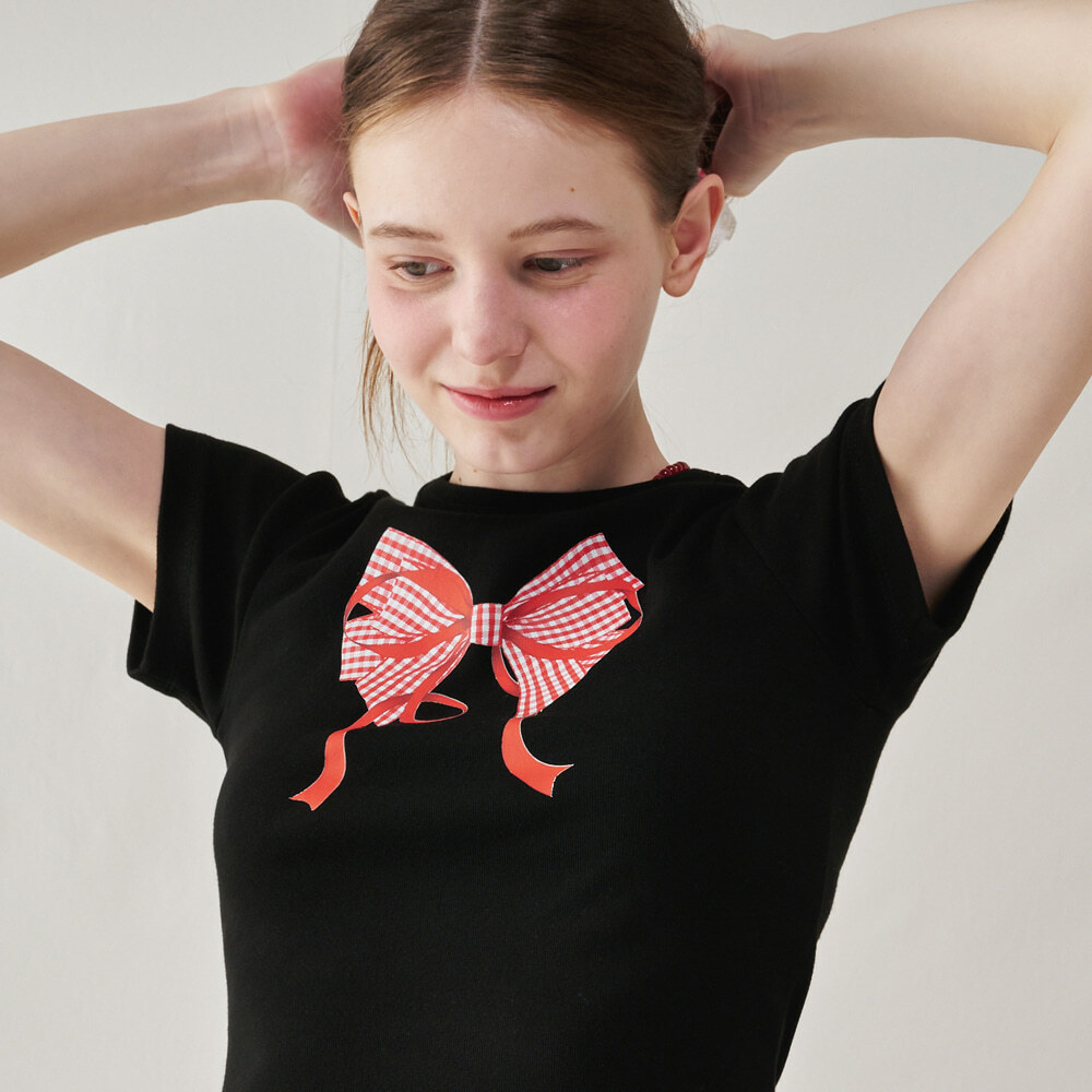 RONRON - GINGHAM DOUBLE RIBBON SLIM CROP T SHIRT (BLACK RED)