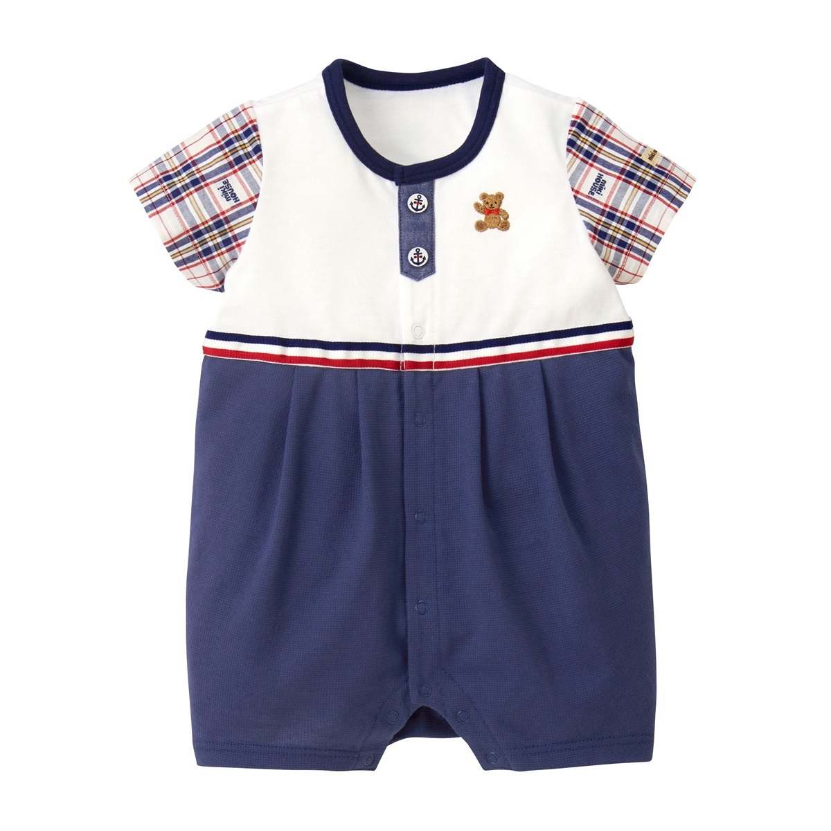 MIKI HOUSE BEAR格紋短袖連身衣-藏藍&白