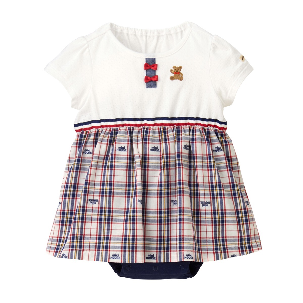 MIKI HOUSE BEAR蝴蝶結格紋短袖連身衣-藏藍&白