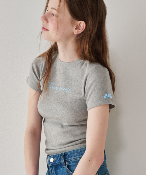 RONRON ROSE RIBBON POINT SLIM CROP T SHIRT