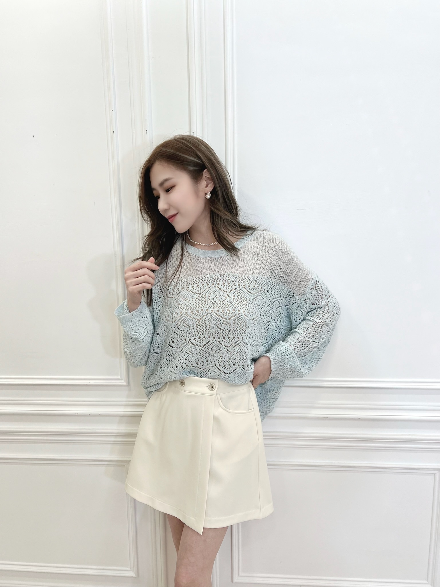 後鬆緊側釦短褲裙