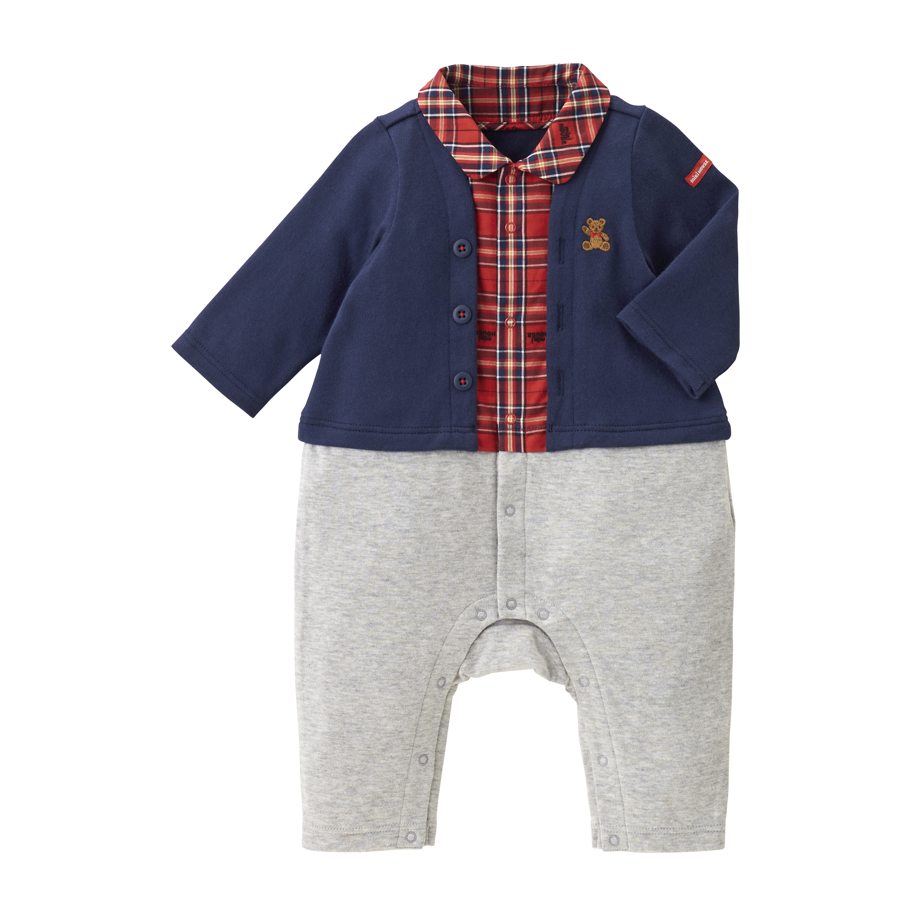 MIKI HOUSE BEAR開襟衫造型長袖連身衣-藏藍