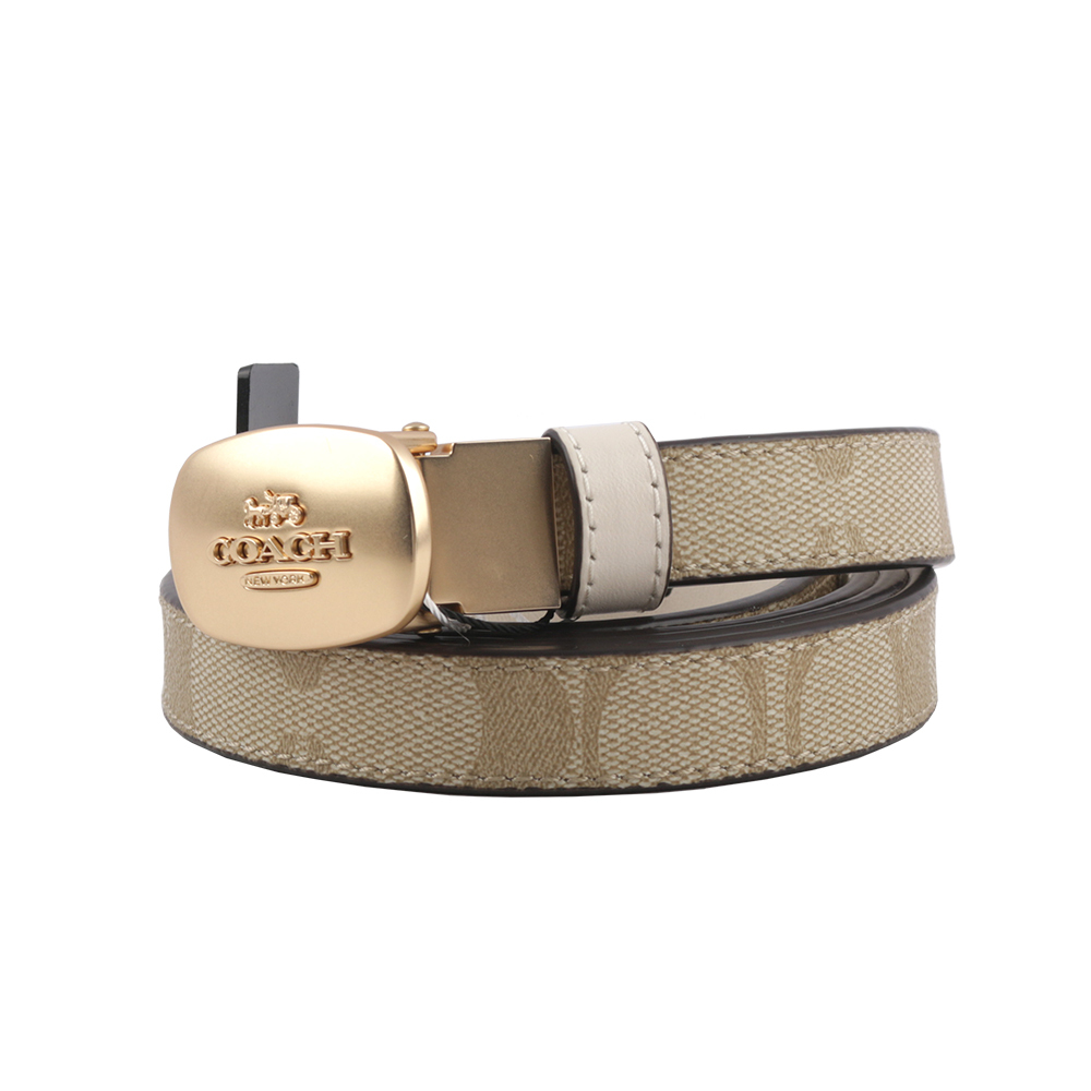 【COACH】Eliza 金頭橢圓標誌塗層帆布寬1.8cm皮帶(淺卡其/白色) CP367 IMDQC