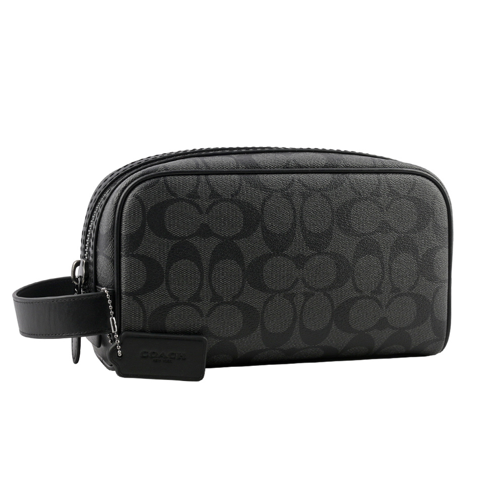 【COACH】塗層帆布及牛皮拉鍊萬用包/手拿包/旅行包(炭灰色) 2515 QBMI5