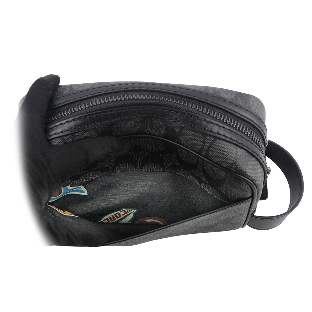 【COACH】塗層帆布及牛皮拉鍊萬用包/手拿包/旅行包(炭灰色) 2515 QBMI5