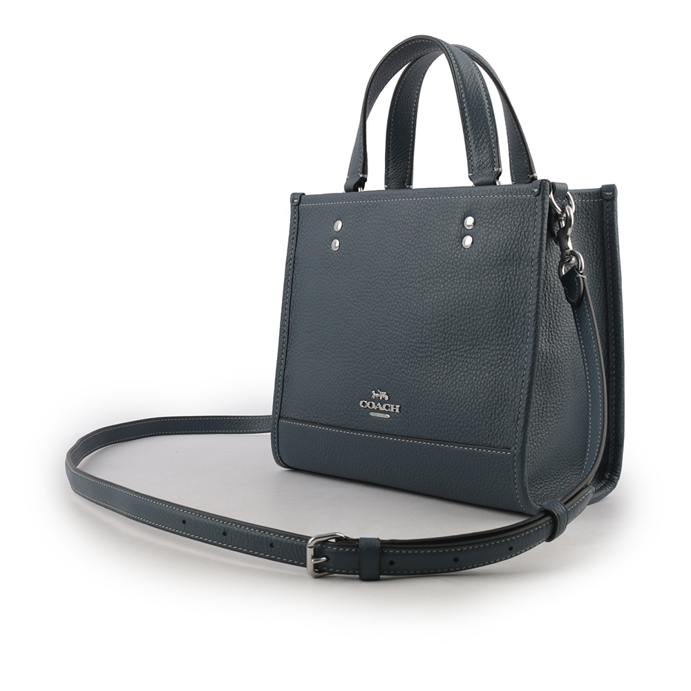【COACH】Dempsey Tote 22 銀字荔枝皮革二用托特包(單寧藍) CO971 SVDE