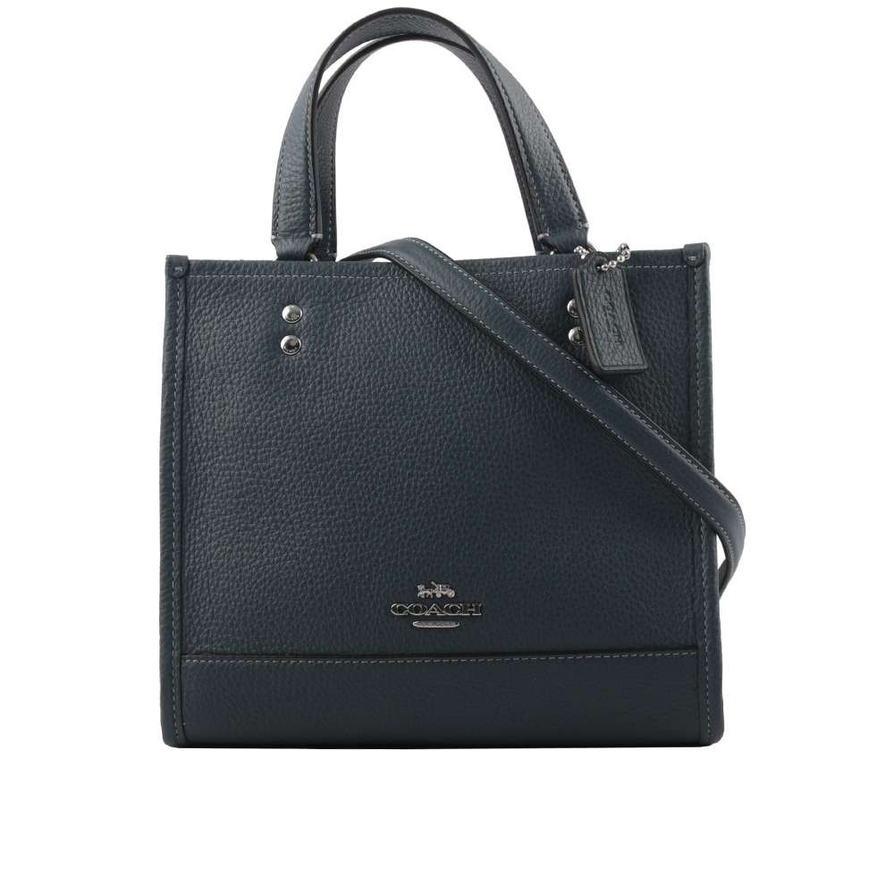 【COACH】Dempsey Tote 22 銀字荔枝皮革二用托特包(單寧藍) CO971 SVDE