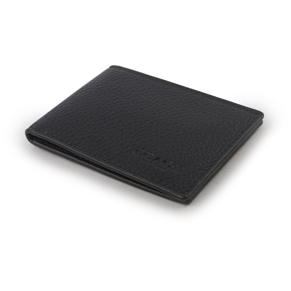 【COACH】Logo 壓印荔枝皮革對開證件照短夾(黑色) CM167 QBBK