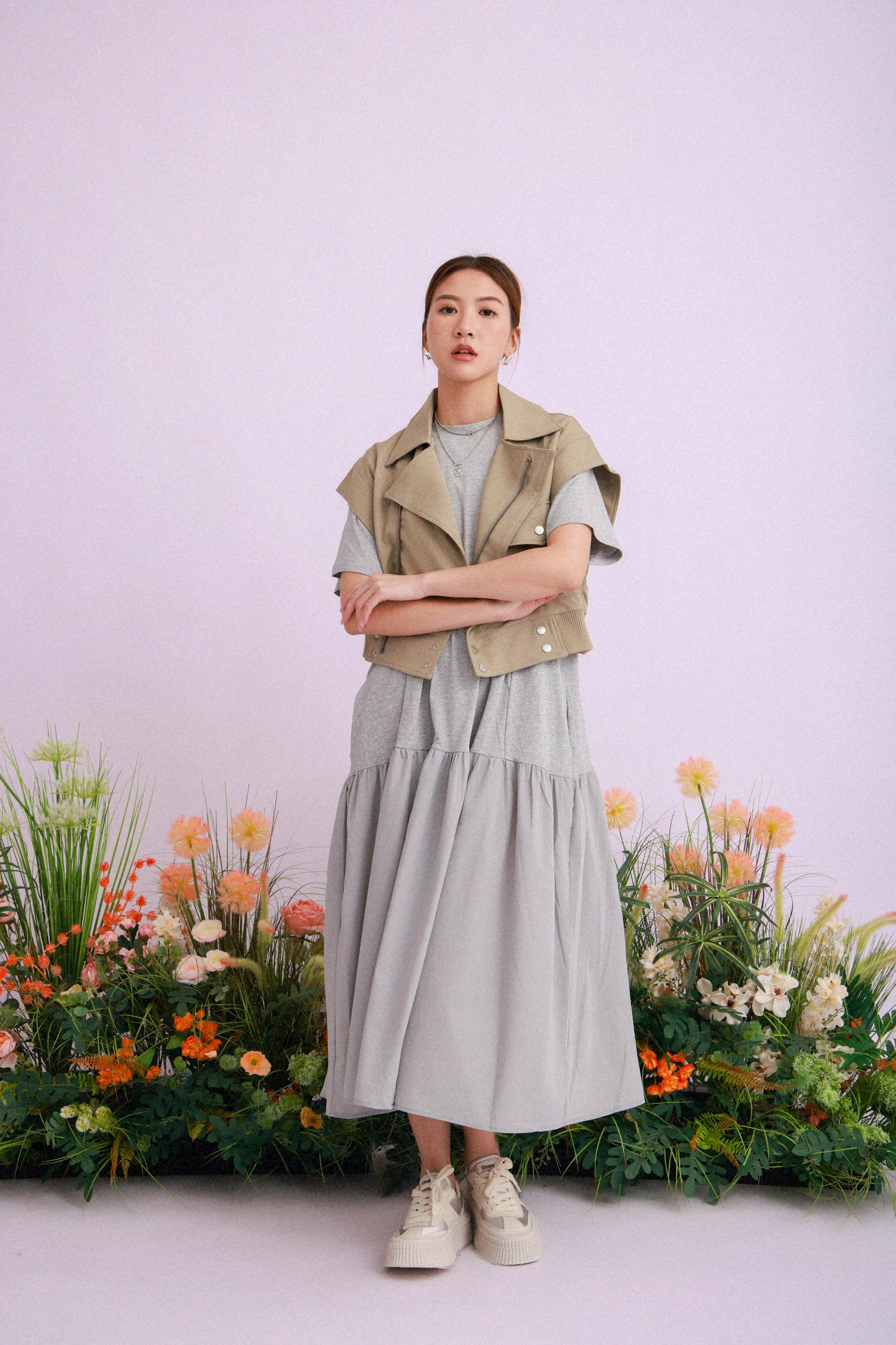 橡筋繩束腰棉拼風褸料連身裙 (現貨款式）