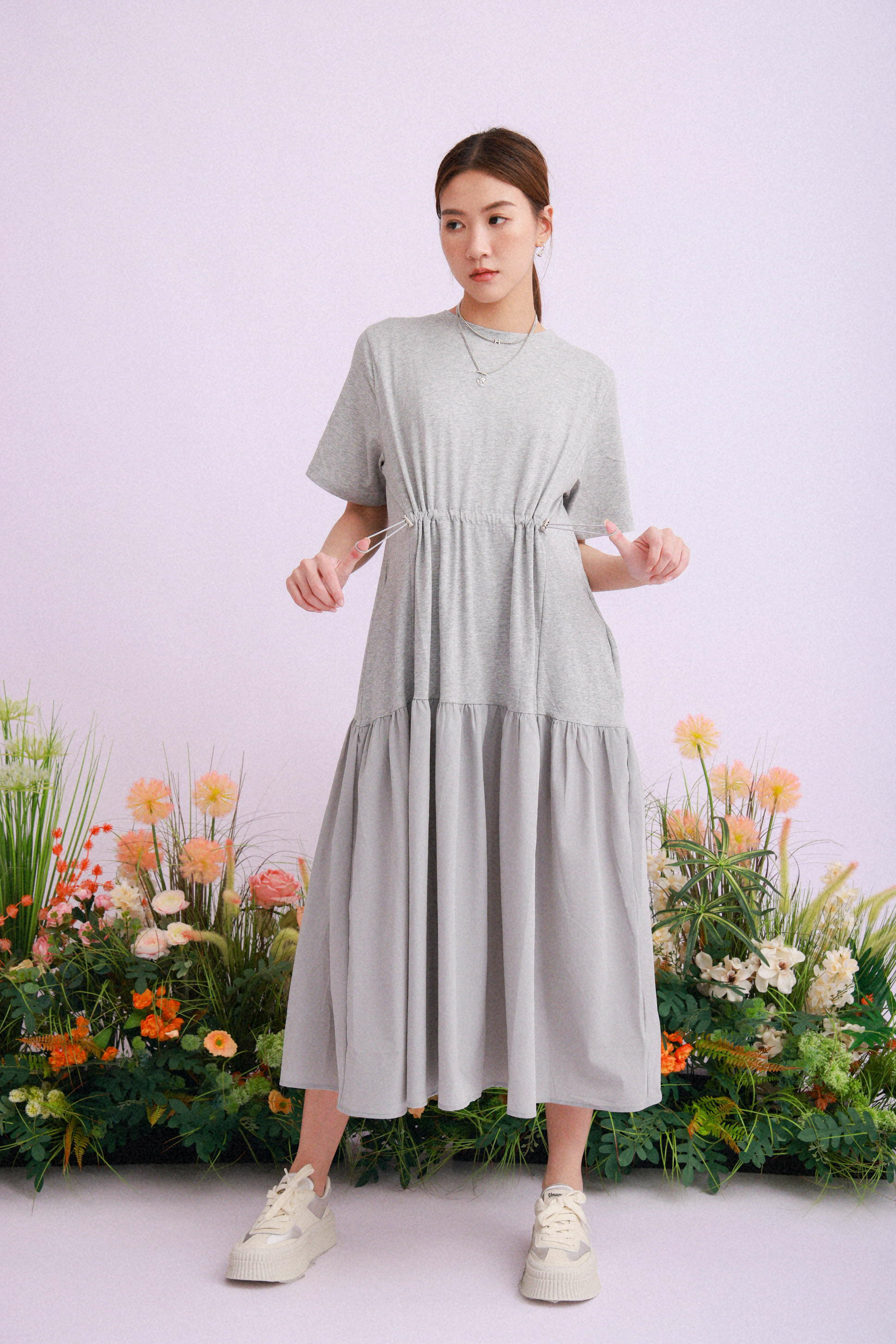 橡筋繩束腰棉拼風褸料連身裙 (現貨款式）