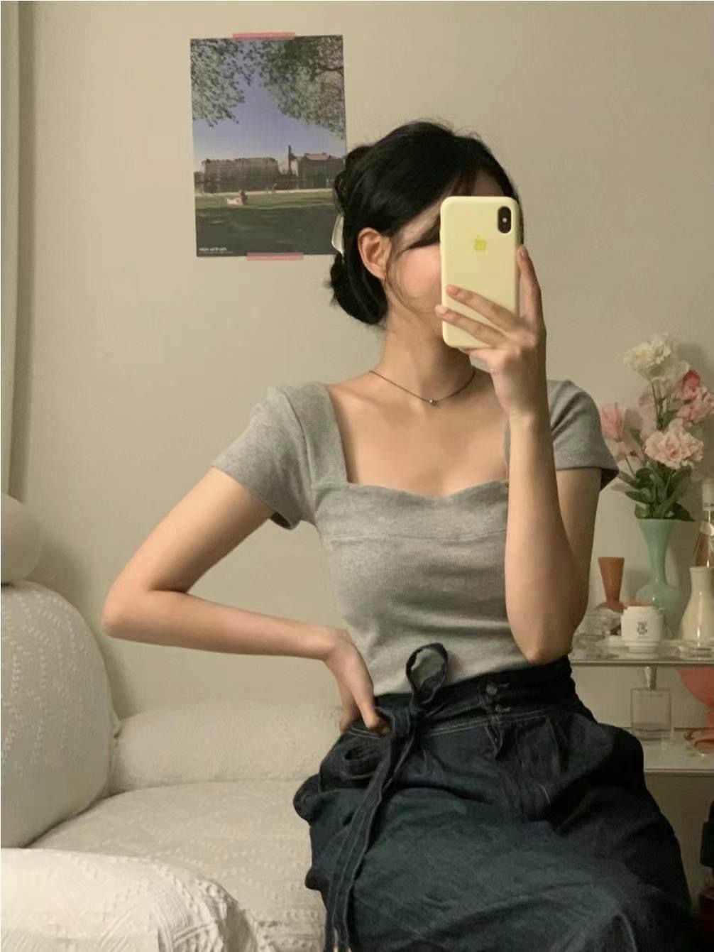 方領簡約上衣(灰色)