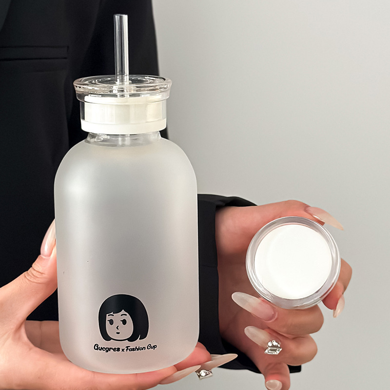 《3929》文青男孩女孩情侶系列 玻璃吸管杯450ml