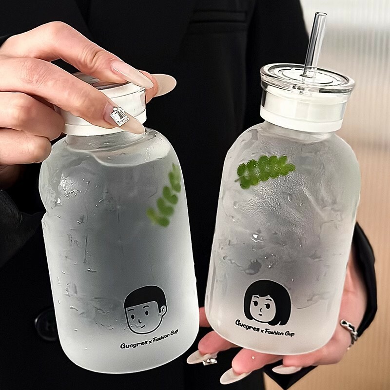 《3929》文青男孩女孩情侶系列 玻璃吸管杯450ml