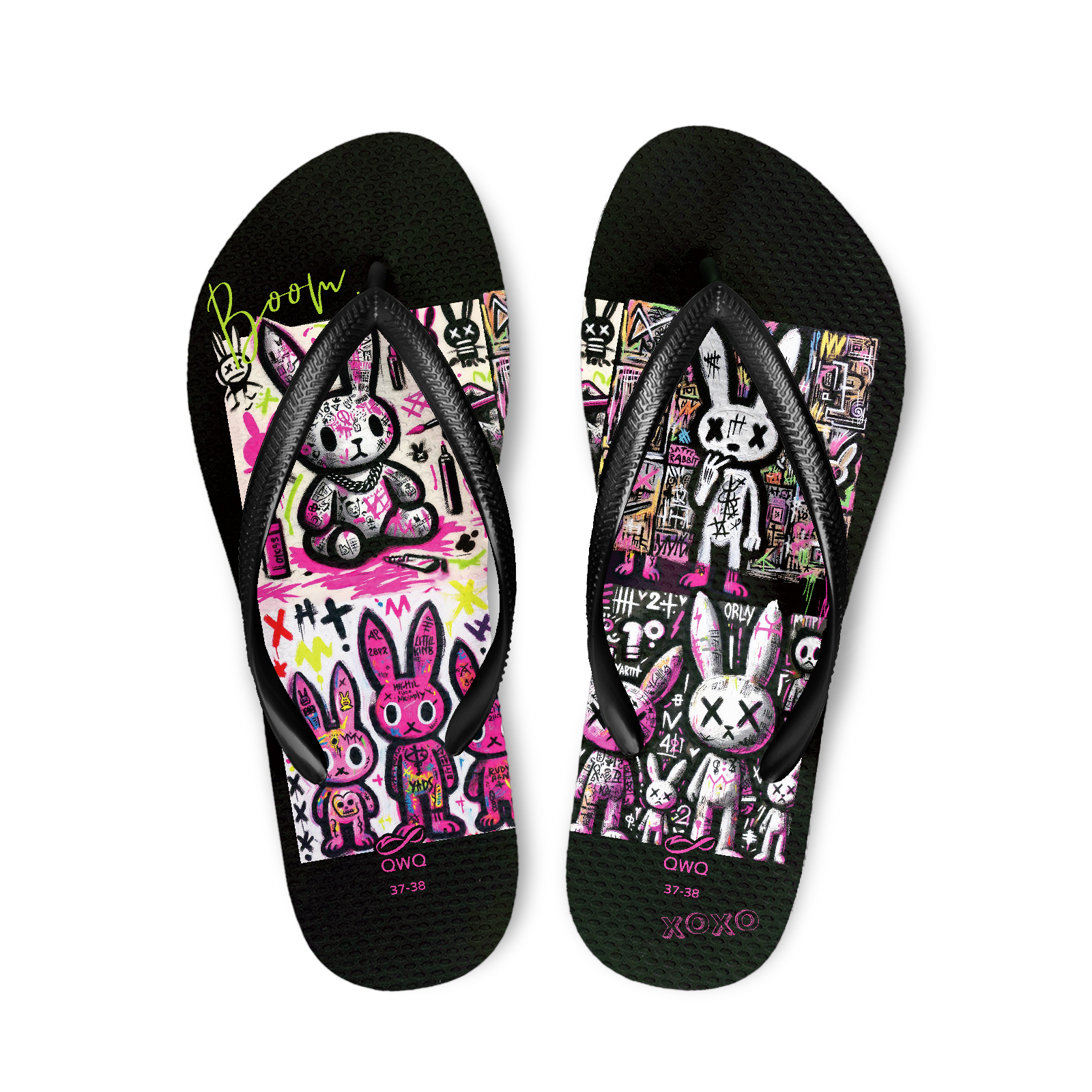 塗鴉兔兔 曜石黑 Graffi塗鴉系列 插圖女款夾腳拖鞋 LE原創