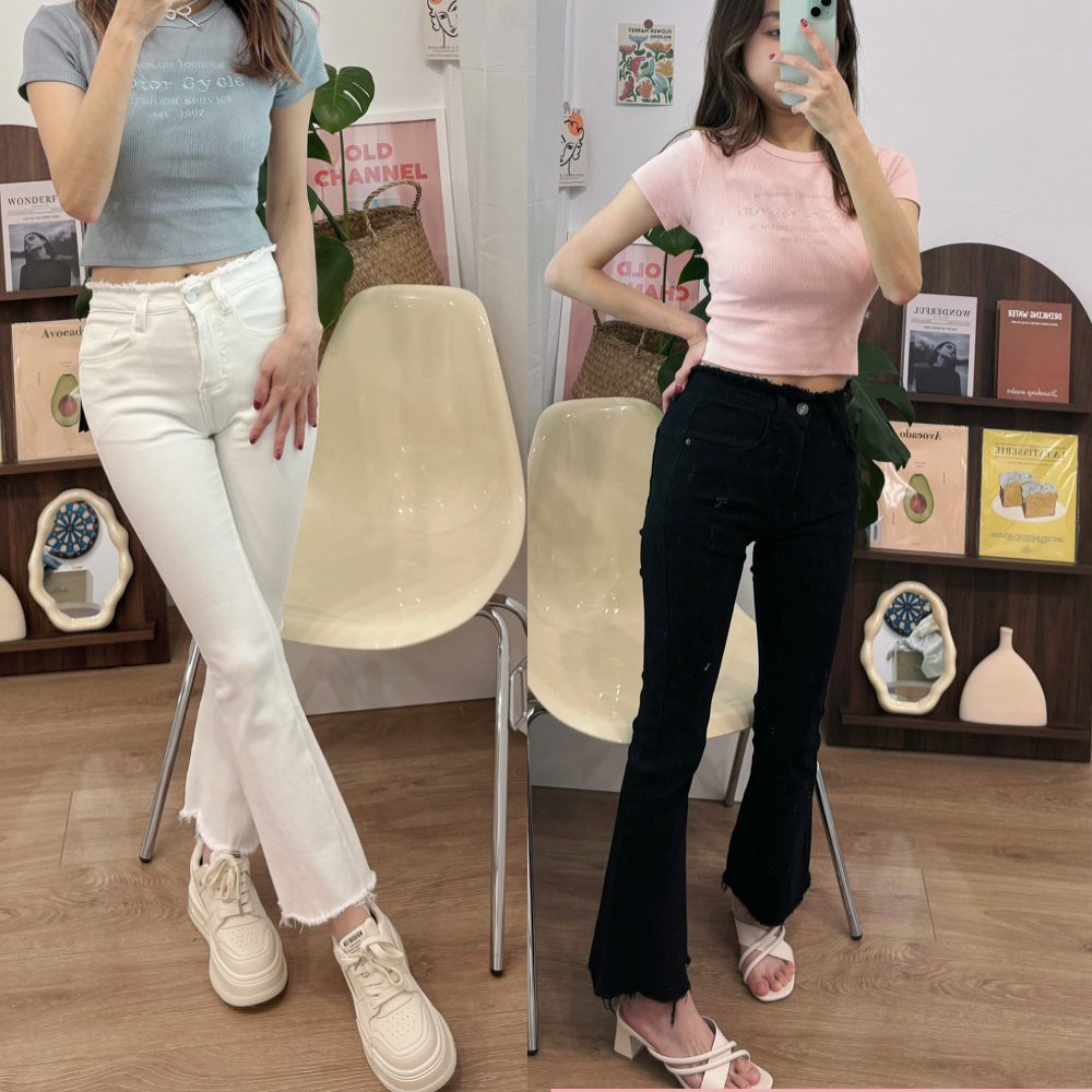 |現貨|抽鬚中高腰彈性貼身微喇叭褲(S-L)(2色)