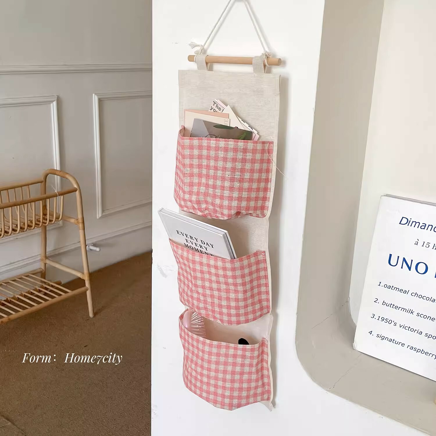 《3933》少女粉白格子棉布掛式收納