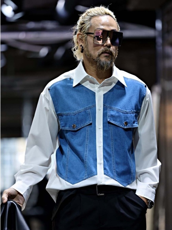 胸前拼接牛仔白色長袖襯衫