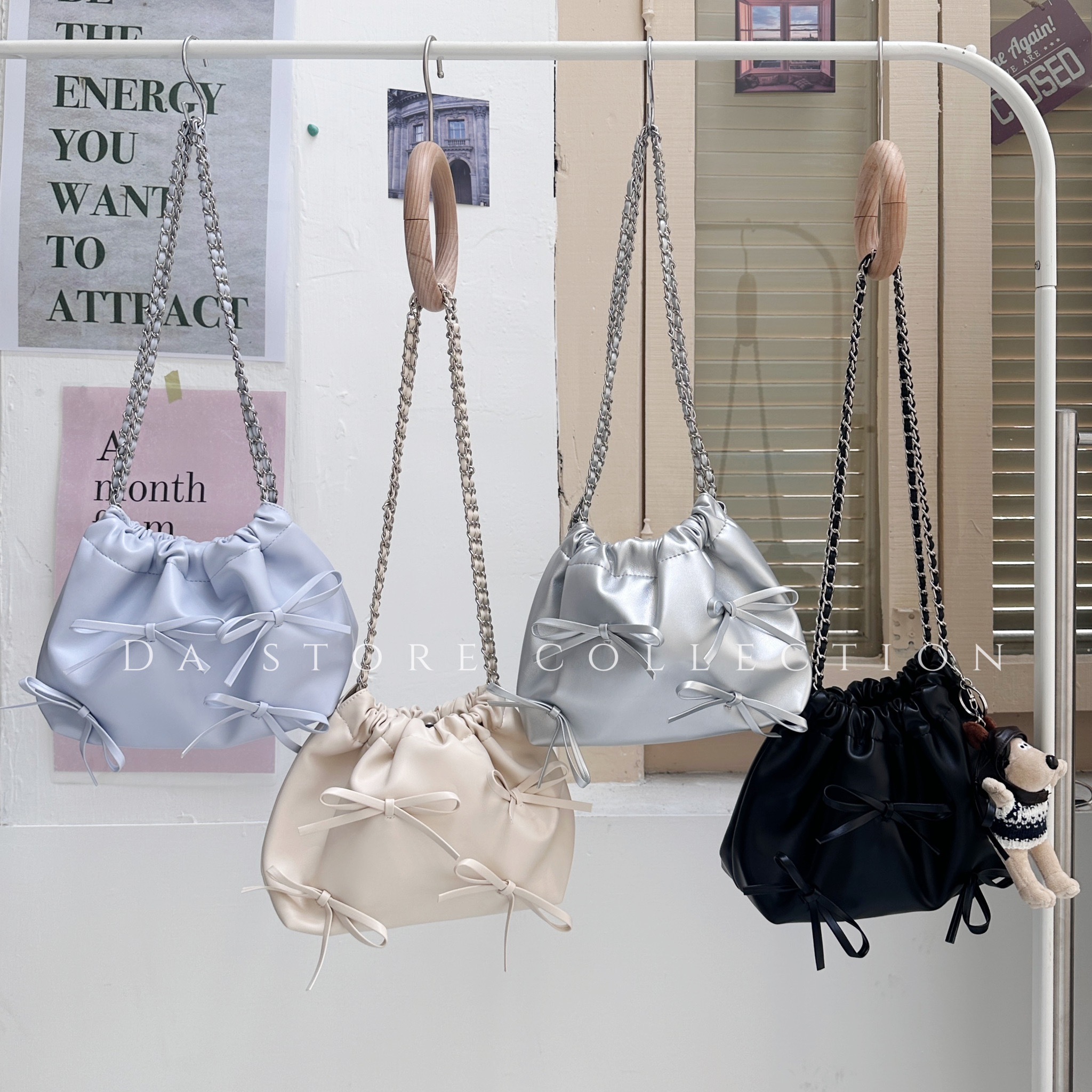 蝴蝶結縮口鍊條包/四色