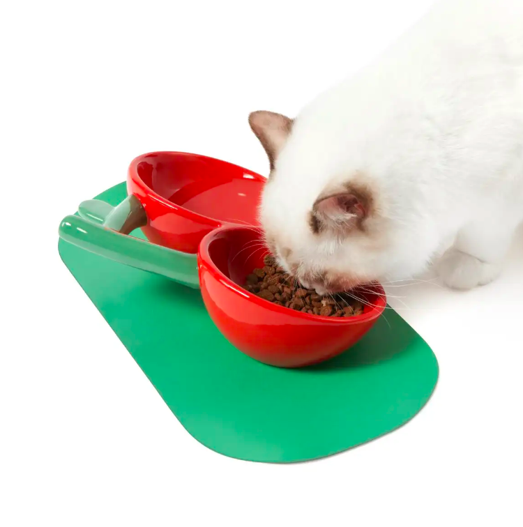 Vetreska - 櫻桃寵物陶瓷碗 (10*7.9*3 英吋) 沒有防漏餐墊