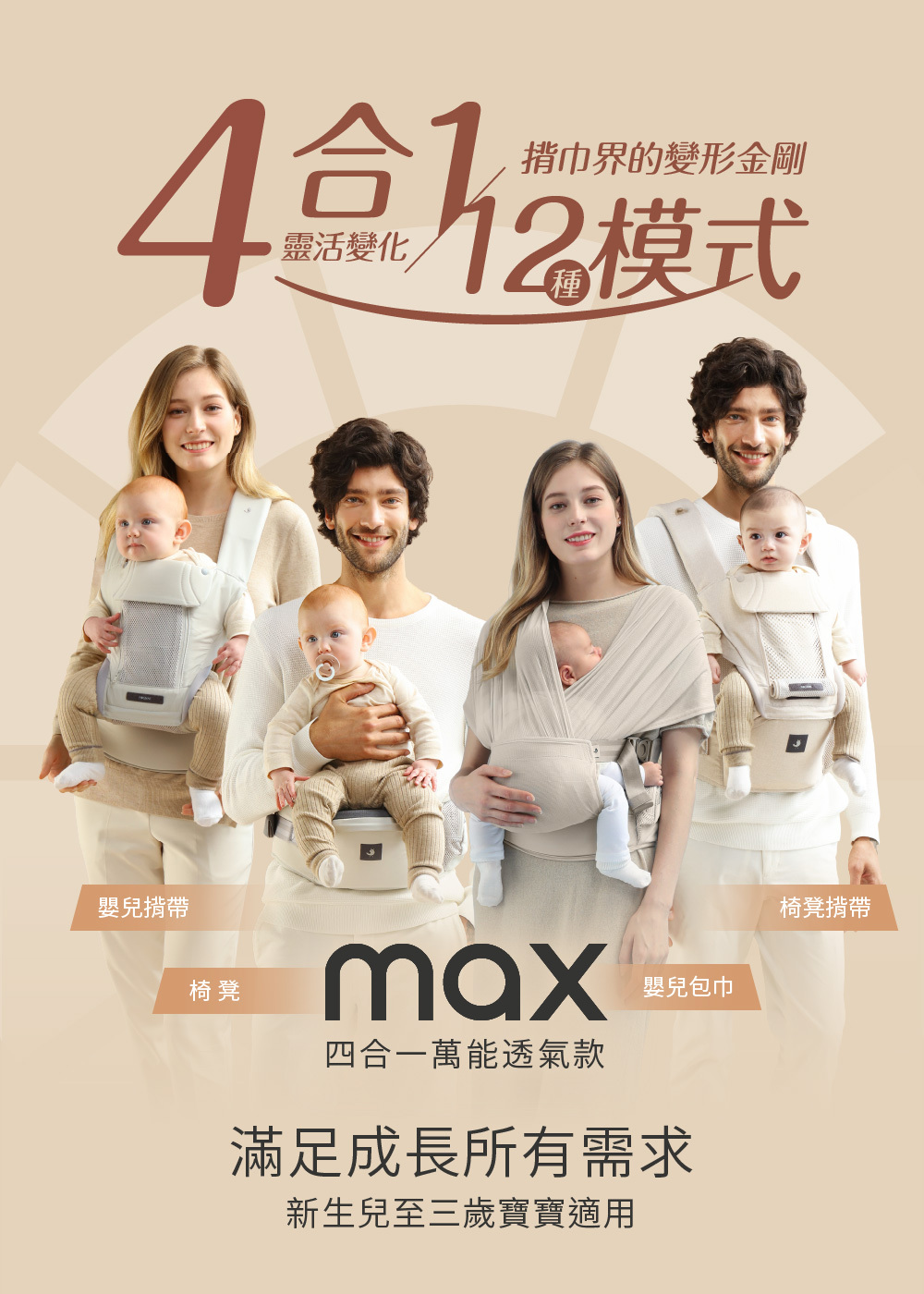 4合1靈活變化,12種模式,揹巾界的變形金剛,滿足成長所有需求,嬰兒揹帶、椅凳、新生兒揹巾、椅凳揹帶
